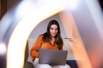 Remote work lifestyle for women. Girl using laptop