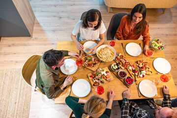 Group of friends eating sustainably. Mediterranean diet.