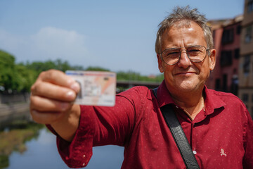 a smiling old man shows his ID looking at camera. Spanish national identity document. Right to...