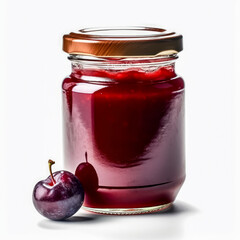 Jar of homemade plum jam isolated on white background, generative AI