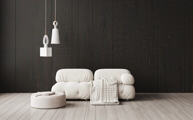 3d rendering of modern living room with white sofa, australian merino wool blanket. Dark wooden decorative panels on the wall. Round pouf. Chandelier modern minimalist lamp cement. Frame mockup