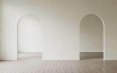 3D render empty beige room with entrance arch door, design and wood floor, interior background and 3d render, light and shadow on the floor