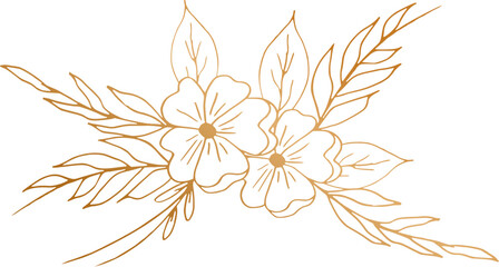 Elegant hand drawn floral bouquet with gold flowers and leaves