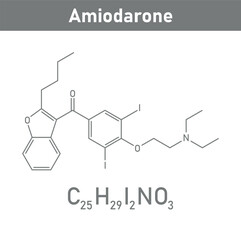 Chemical structure of Amiodarone (C25H29I2NO3). Chemical resources for teachers and students. Vector illustration isolated on white background.
