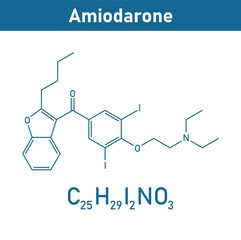 Fototapeta premium Chemical structure of Amiodarone (C25H29I2NO3). Chemical resources for teachers and students. Vector illustration isolated on white background.
