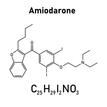 Chemical structure of Amiodarone (C25H29I2NO3). Chemical resources for teachers and students. Vector illustration isolated on white background.