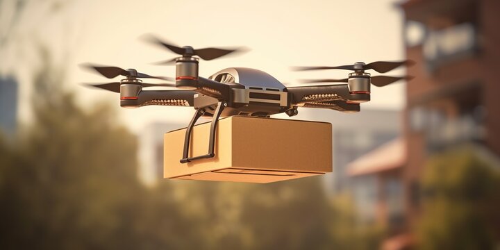 A drone delivering a package, symbolizing the potential of unmanned aerial vehicles in logistics and delivery services , concept of Efficient transportation, created with Generative AI technology