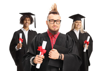 Graduate student with a mohawk posing with other students