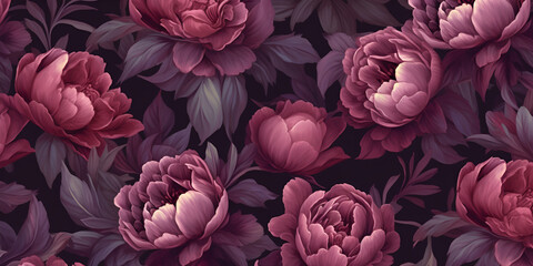 Floral Peonies pattern dark deep moody colors realistic drawing. AI generated