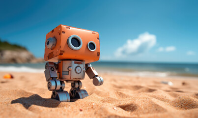 Little cute robot on the beac,  cartoon style, mini robot, android robot, near-future technology