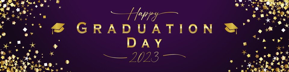 Happy Graduation Day 2023 horizontal banner. Holiday decoration design with glittering gold elements. Prom ribbon concept. Creative modern graphic. Shiny gradient. Golden sequins with vector mask. © koltukovs