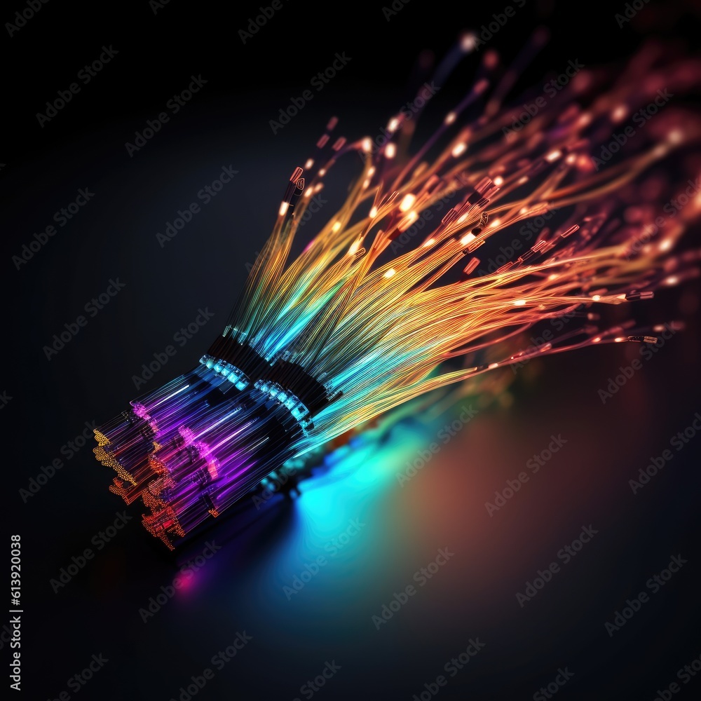 Poster abstract technological background from a fiber optic glowing beam spreading in the digital space. da