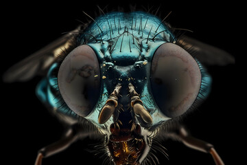 a close up of the face of a blue fly