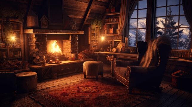 Warm and inviting interior scene of a cozy cabin, with a crackling fireplace, comfortable armchairs, and soft candlelight