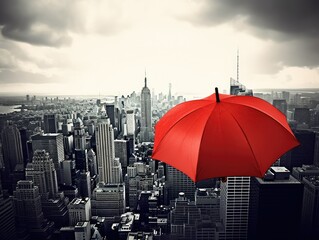 Bright Red Umbrella in Rainy City - AI Generated
