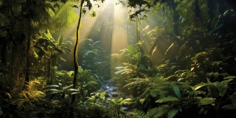 Fototapeta na wymiar Sunbeam Piercing Through Dense Jungle Foliage - AI Generated