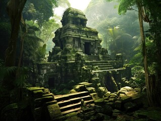 Naklejka premium Ancient Stone Temple Hidden in Jungle - AI Generated