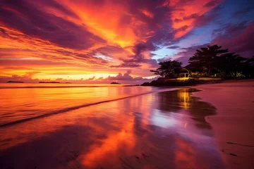 Fotobehang Bordeaux Vibrant Sunset over Tranquil Beach - AI Generated