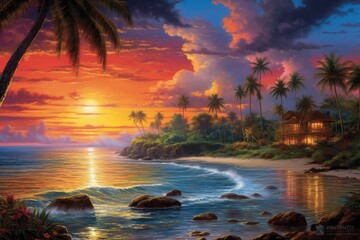 Fototapeta na wymiar Vibrant Sunset over Tranquil Beach - AI Generated