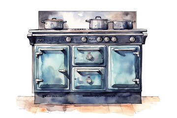 Blue multi-oven range cooker with three saucepans on top. Watercolour on white background with red quarry tile floor. 