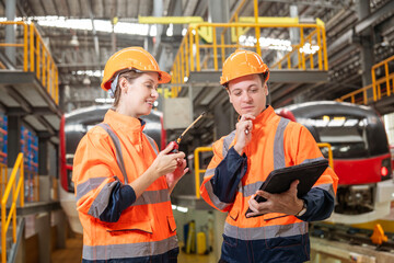 Caucasian male technician and female engineer wearing safety helmet uniform inspect electric train...