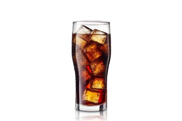 Cola in a glass with clear ice cubes, isolated on a white background with copy space. Generate AI