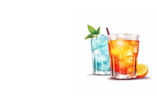 Glasses of fruit drinks with ice cubes, mojito cocktails with strawberry and lime fruits, and a refreshing summer drink. Generate AI