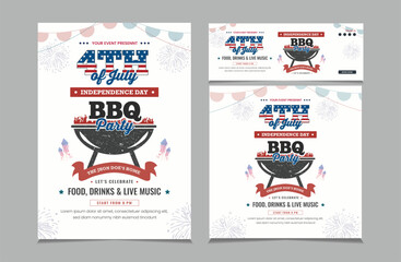 Set of square banner and stories for instagram and facebook, a4 poster for independence day barbecue party, vector illustration eps 10