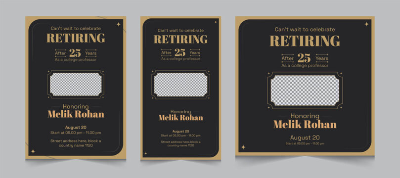 Set of retirement party invitation, square banner, instagram story and a4 poster, vector illustration eps 10