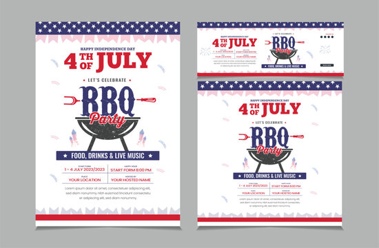 set of independence day bbq invitation, square banner, instagram story and a4 poster for 4th of july barbecue party, vector illustration eps 10
