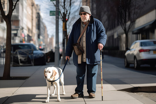 A Blind Old Man With a Trained Guide Golden Retriever Walks Dawn the Street: AI Generated Image