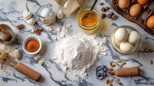 Ingredients for baking on a marble countertop top view. For a homemade dessert. Generative ai.