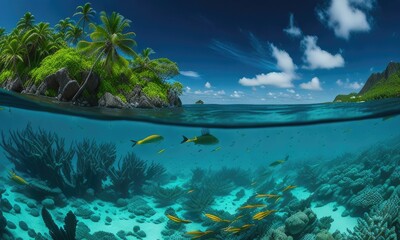 Tropical island seen from below the ocean waves