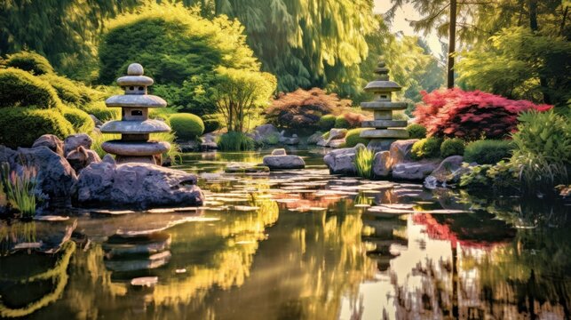 Japanese garden with pond and stones. Meditation background. AI generative image.