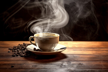 Cup of coffee with smoke and coffee beans on wooden table. by Generative AI.