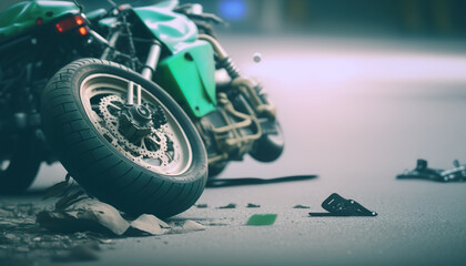 Motorcycle crash road accident with broken motorbike. City background. Banner with copy space. AI generative image.