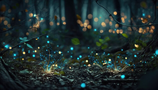 Beautiful green fantasy night forest with glowing fireflies. Outdoor fairy tale nature background with copy space. AI generative image.