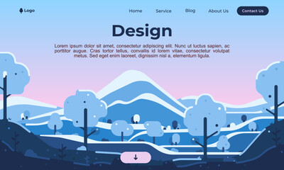 Web design illustration of a winter landscape. Flat style illustration of winter for website.