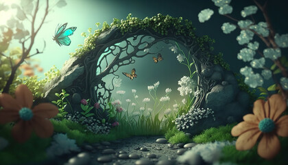 Obraz na płótnie Canvas Beautiful enchanted landscape. Fantasy garden background. Magic meadow with spring blooming trees. Round frame with copy space in the middle. Fairy tale banner. AI generative image.