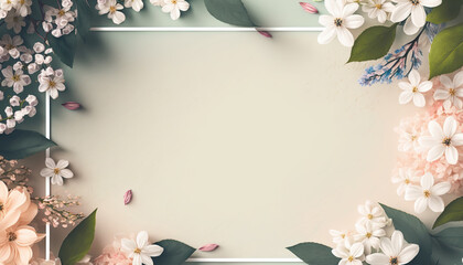 Springtime flower border frame with copy space in the middle. Beautiful floral background. AI generative image.