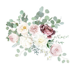 Silver sage green and blush pink flowers vector design bouquet. Dusty mauve rose, white dahlia, carnation © lavendertime
