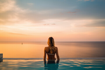 A woman at golden hour in a luxury infinity pool. 