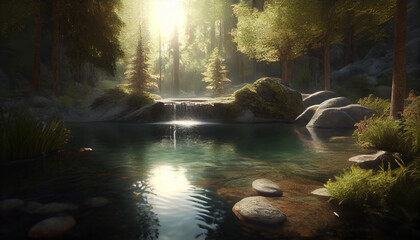 Peaceful forest oasis with a pond and soft waterfall  Ai generated image