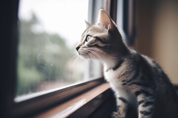 A baby cat perched on a windowsill staring outside