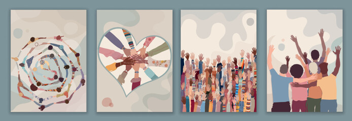 Volunteer people group concept banner brochure poster editable template. Raised hands people diversity.Diverse people holding hands in a circle.Solidarity.NGO Aid concept.Volunteerism - obrazy, fototapety, plakaty