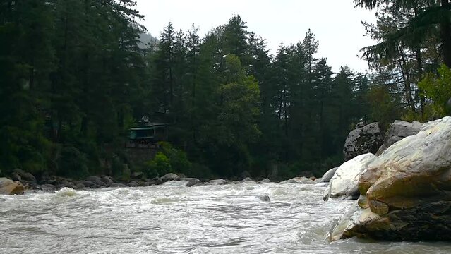 Wild mountain river flowing through stone boulders, Water clear stream river flowing in the deep forest, High Frame Rate - Slow Motion