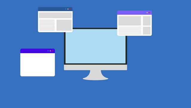 Link building strategy, SEO marketing. Website linked to another websites with computer screen. 4K animation