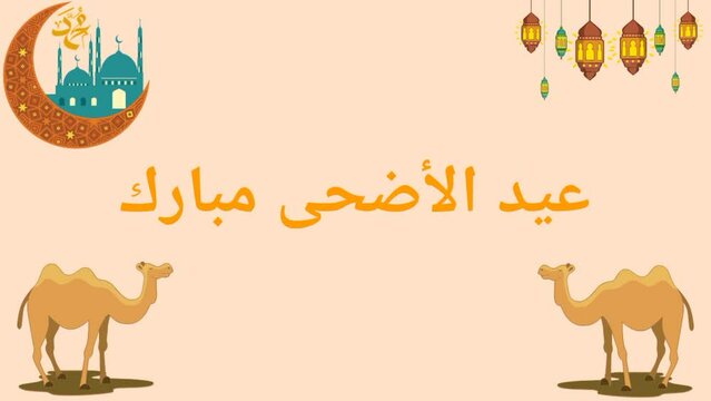 Eid Al Adha Mubarak celebration in Arabic lettering with camels and moon