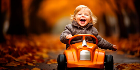 happy Child enjoying a toy car ride