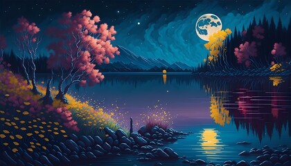 Luminous Waters: Majestic Moonlight Among Riverside Trees